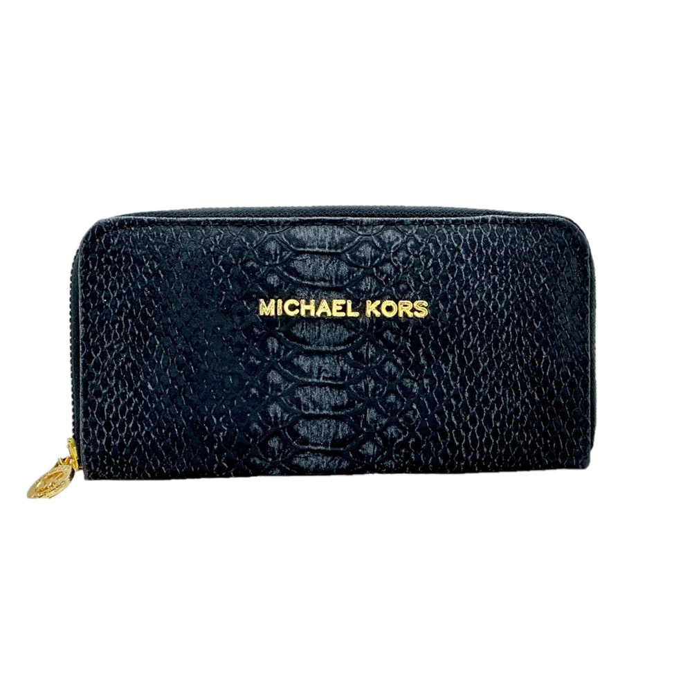 Michael Kors Black Embossed Leather Zip Around  Wallet  Gold Signature Logo Glam